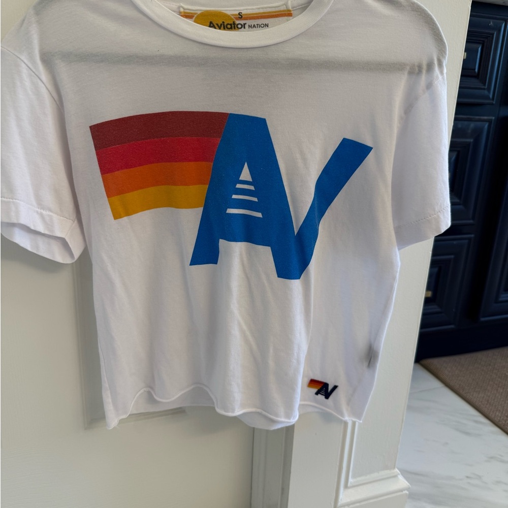 Aviator Nation cropped White womenTee with Rainbow Graphic